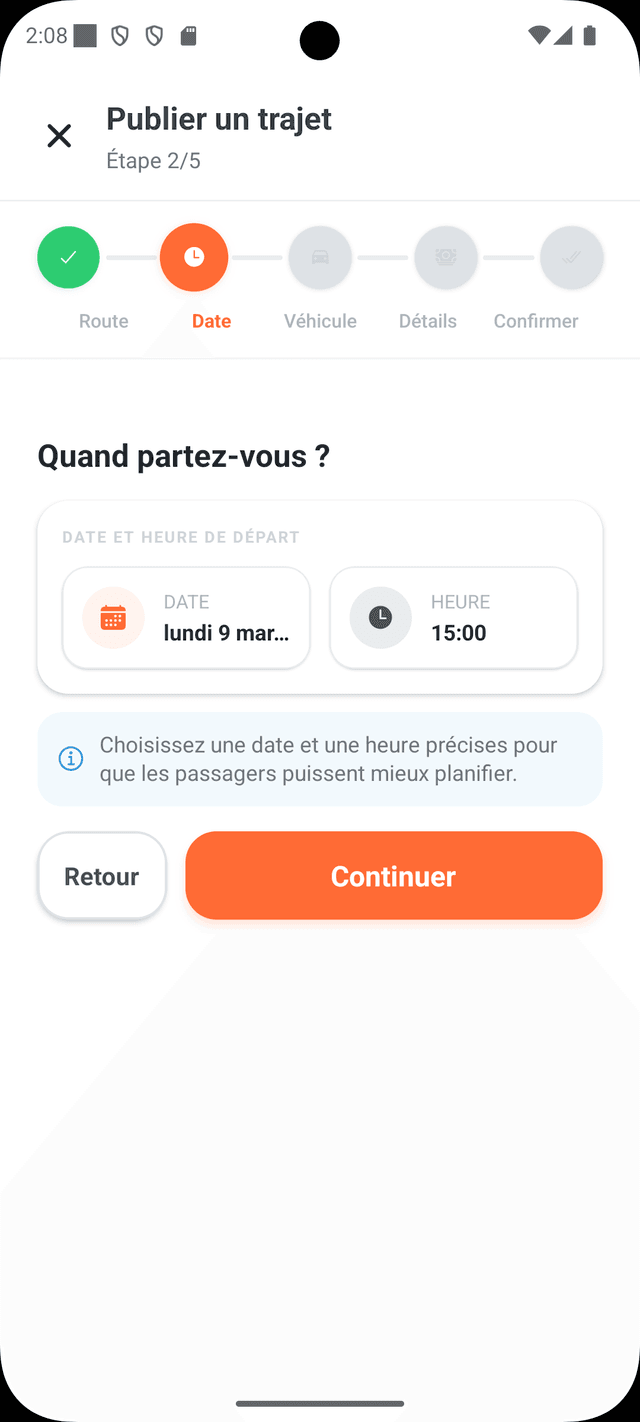 Publier un trajet etape date
