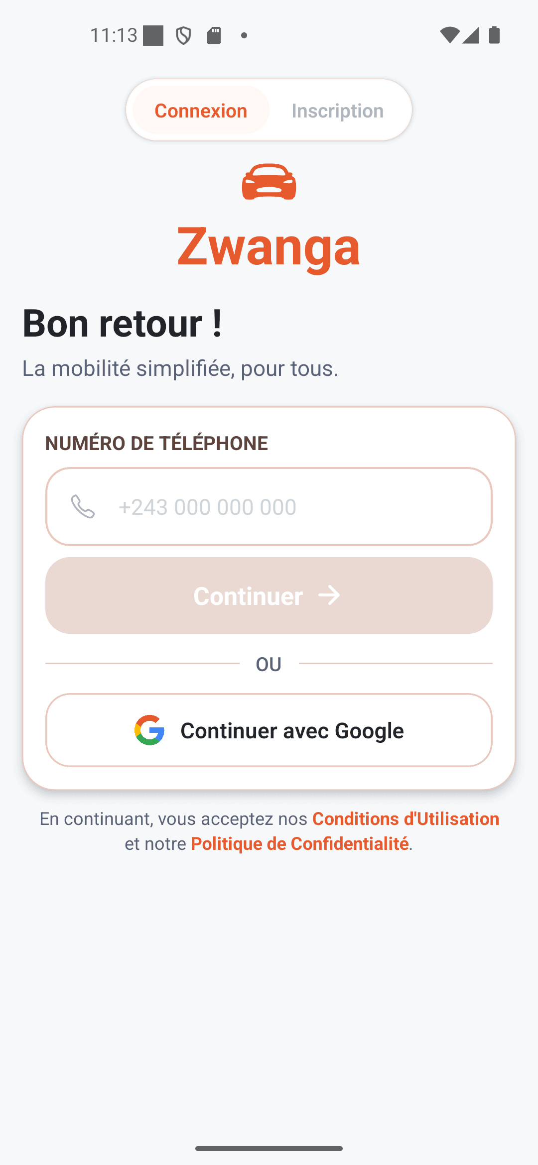 Connexion et inscription à l'application Zwanga