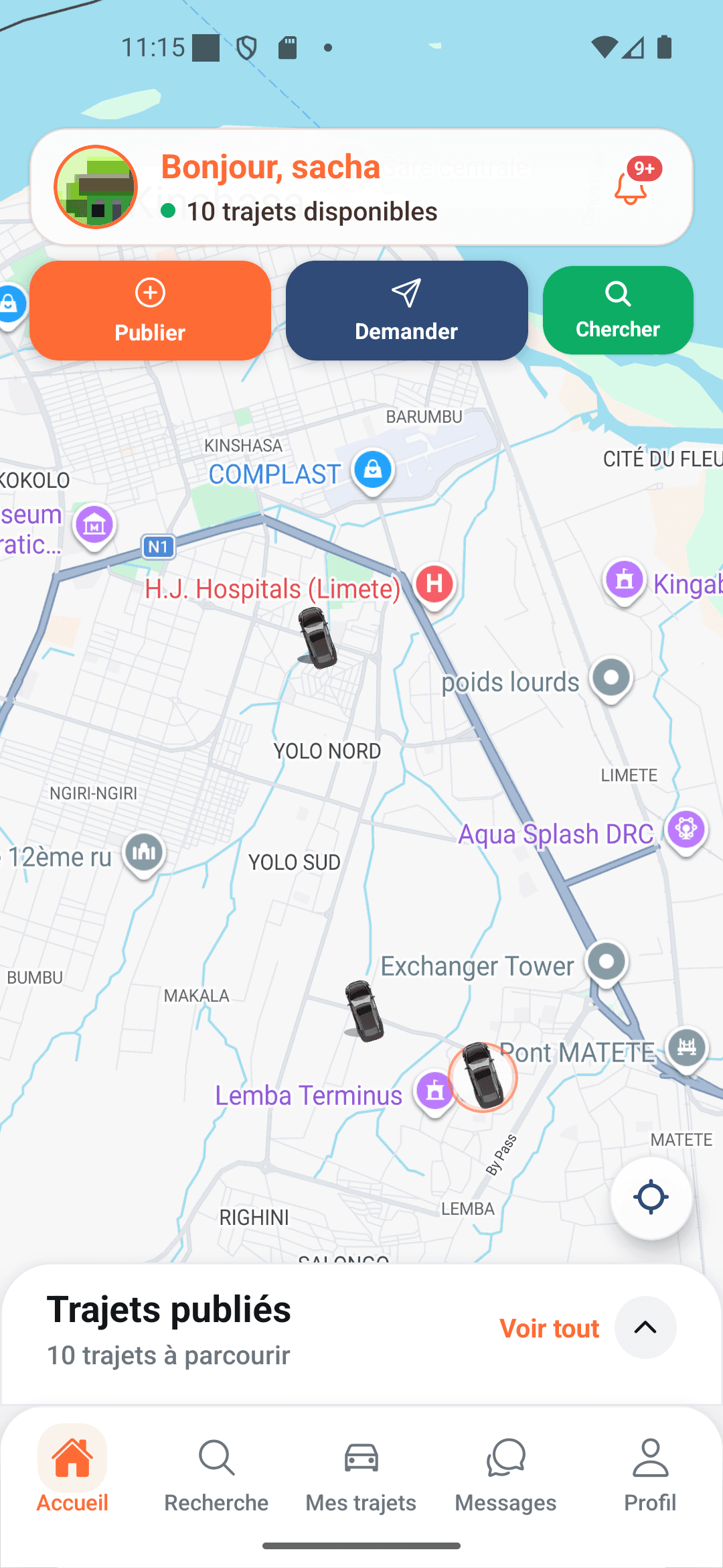 Accueil Zwanga avec carte des trajets disponibles à Kinshasa