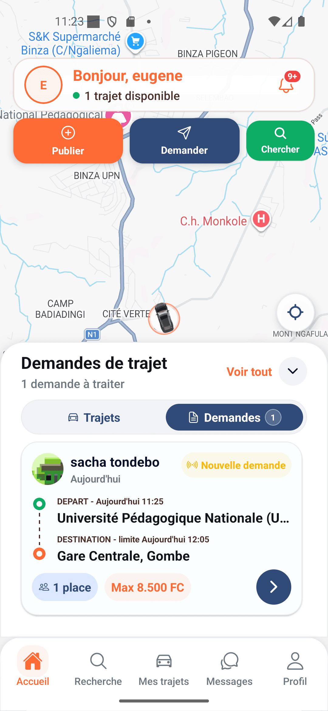 Accueil conducteur avec une nouvelle demande de trajet