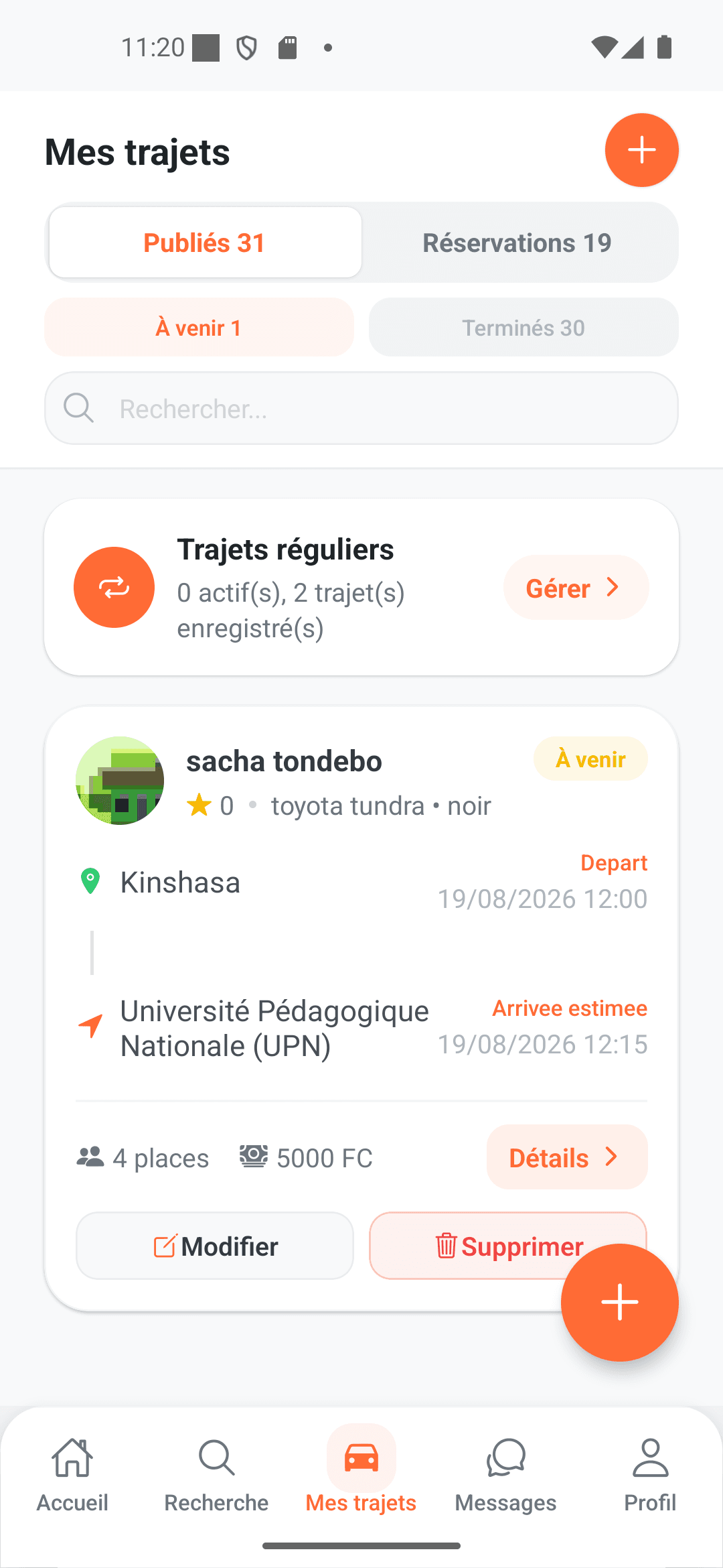 Liste des trajets publiés et réservations Zwanga