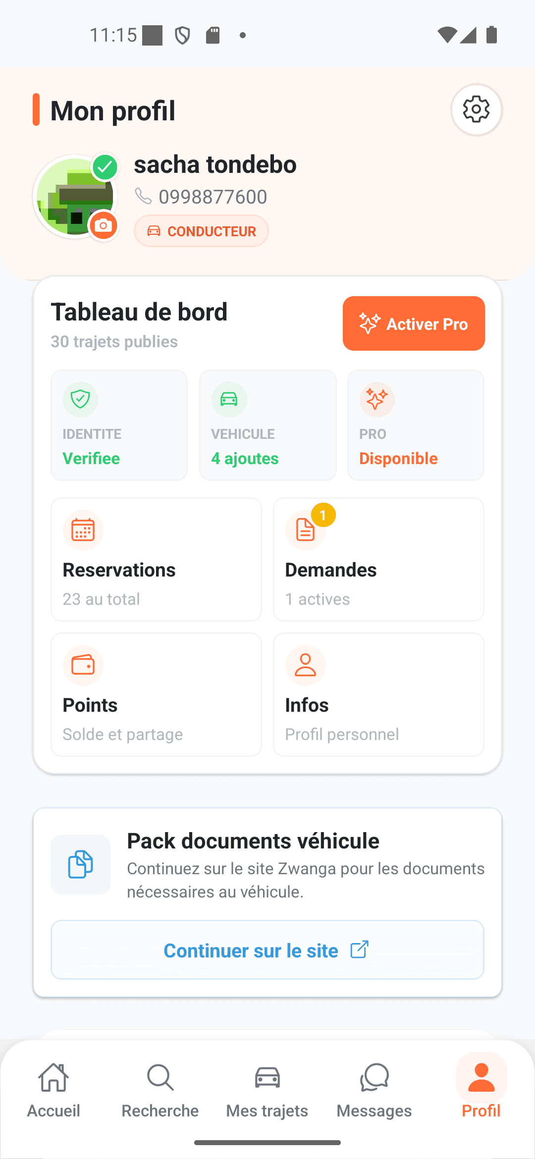 Profil conducteur et tableau de bord Zwanga