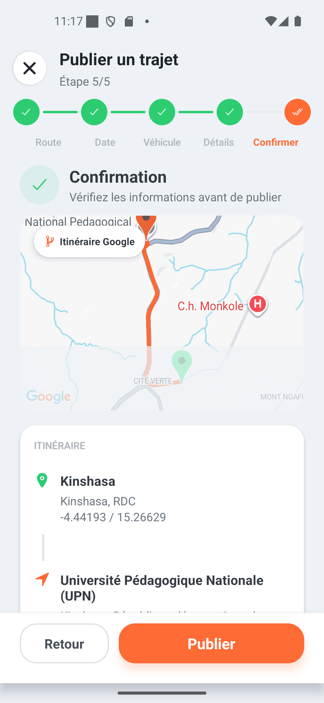 Confirmation des informations avant publication d'un trajet
