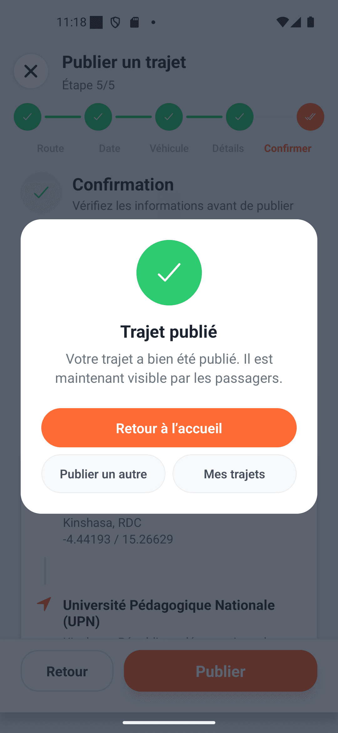 Confirmation de publication réussie d'un trajet