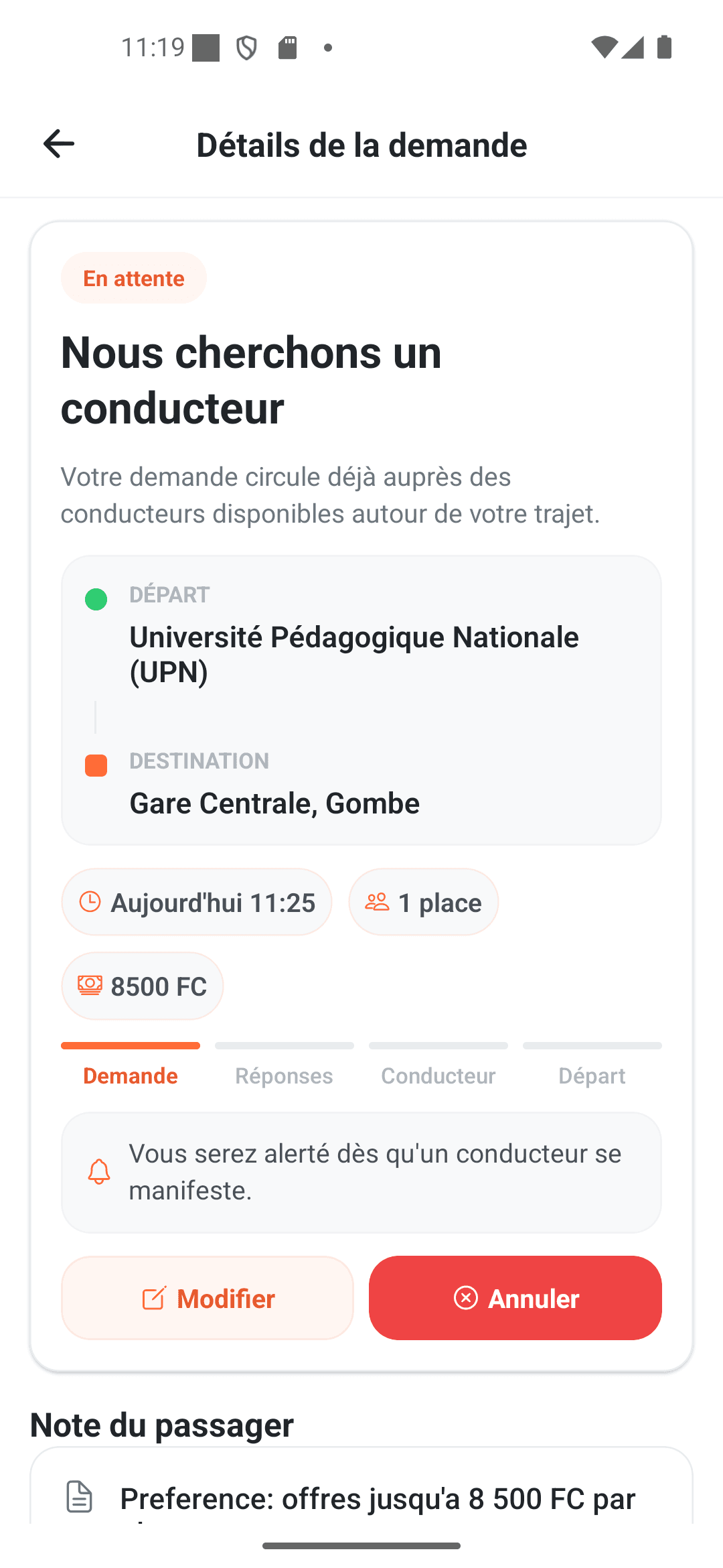 Suivi d'une demande de trajet en attente