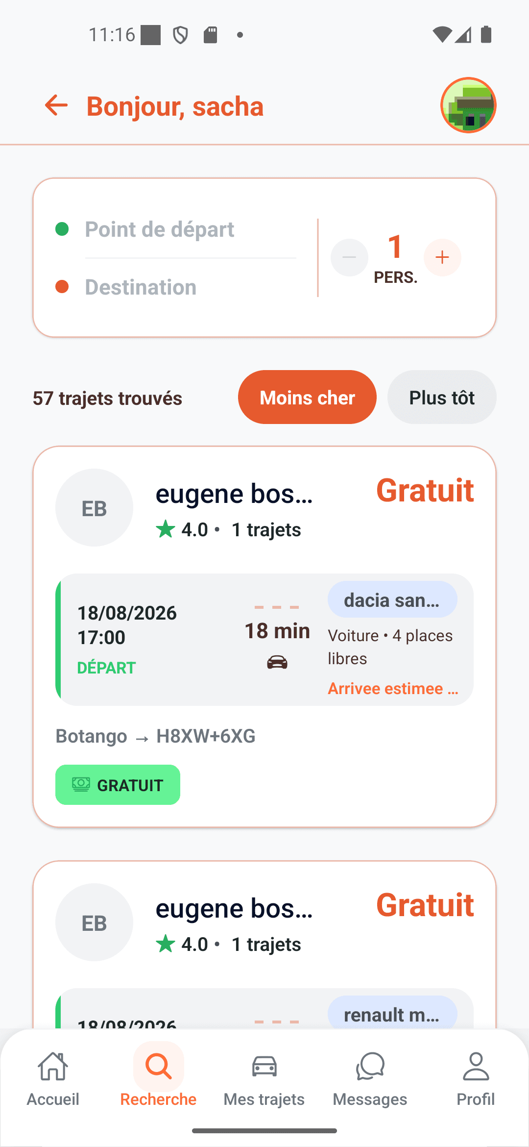 Résultats de recherche d'un trajet dans Zwanga